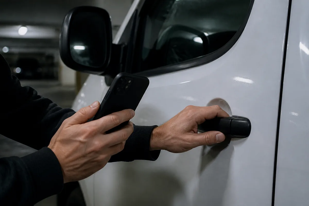 Main posée sur la poignée de portière conducteur d&rsquo;un fourgon utilitaire blanc, second téléphone tenu écran de dos, éclairage de parking en soirée