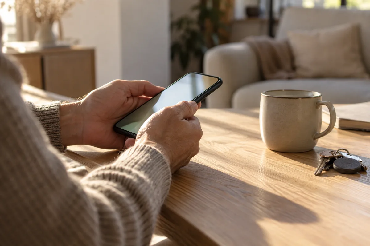 Mains d’un adulte tenant un téléphone au-dessus d’une table en bois clair, plan rapproché, lumière naturelle de fin d’après-midi