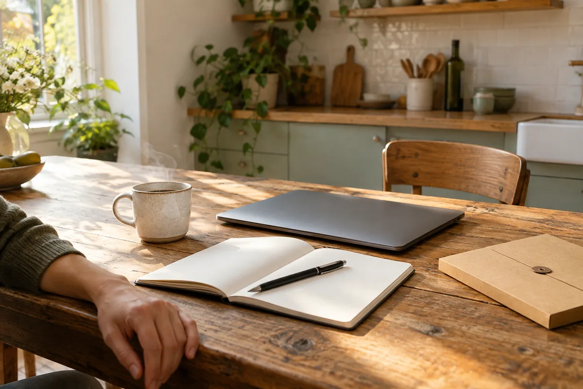 Table de cuisine avec un ordinateur portable fermé, un carnet ouvert, un stylo et une tasse, main d’un adulte posée à côté, lumière matinale rasante, plan de trois quarts