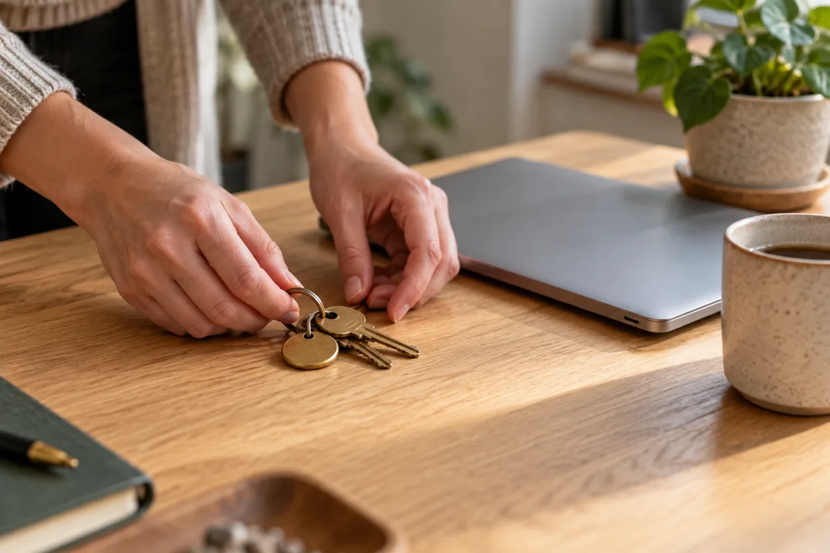 Mains posant un trousseau de clés sur un bureau à côté d’un ordinateur portable fermé