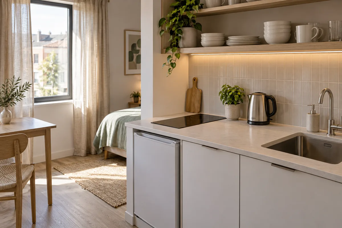 Kitchenette équipée et rangée d’un studio meublé loué pour quelques mois