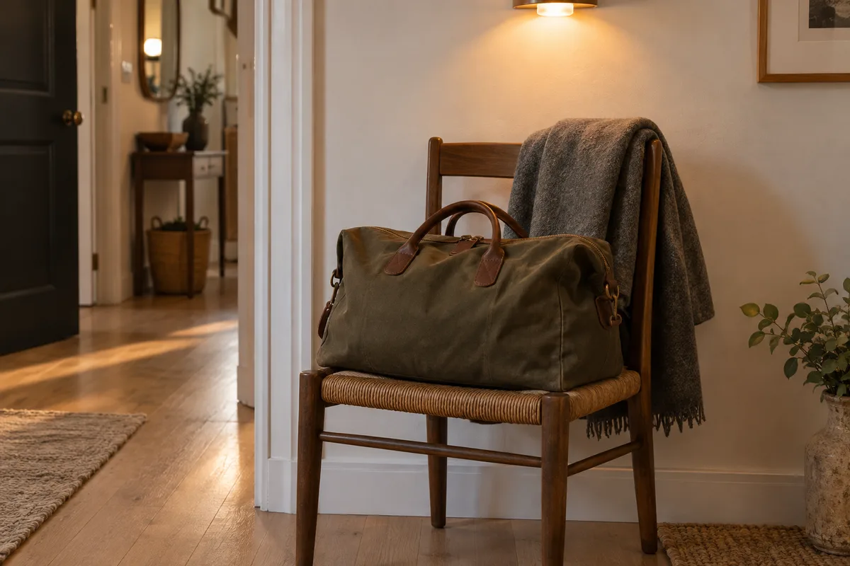 Sac de voyage et manteau posés sur une chaise dans l’entrée d’un logement meublé