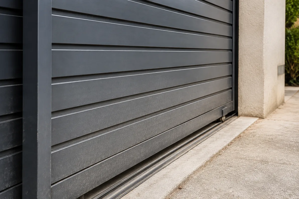 Portail coulissant en aluminium gris devant une maison de lotissement en cours de relocation