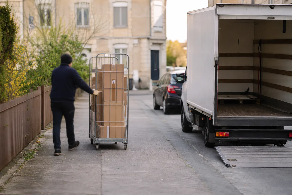 Roll conteneur grillagé chargé de cartons de déménagement poussé sur un trottoir vers le hayon d’un camion blanc
