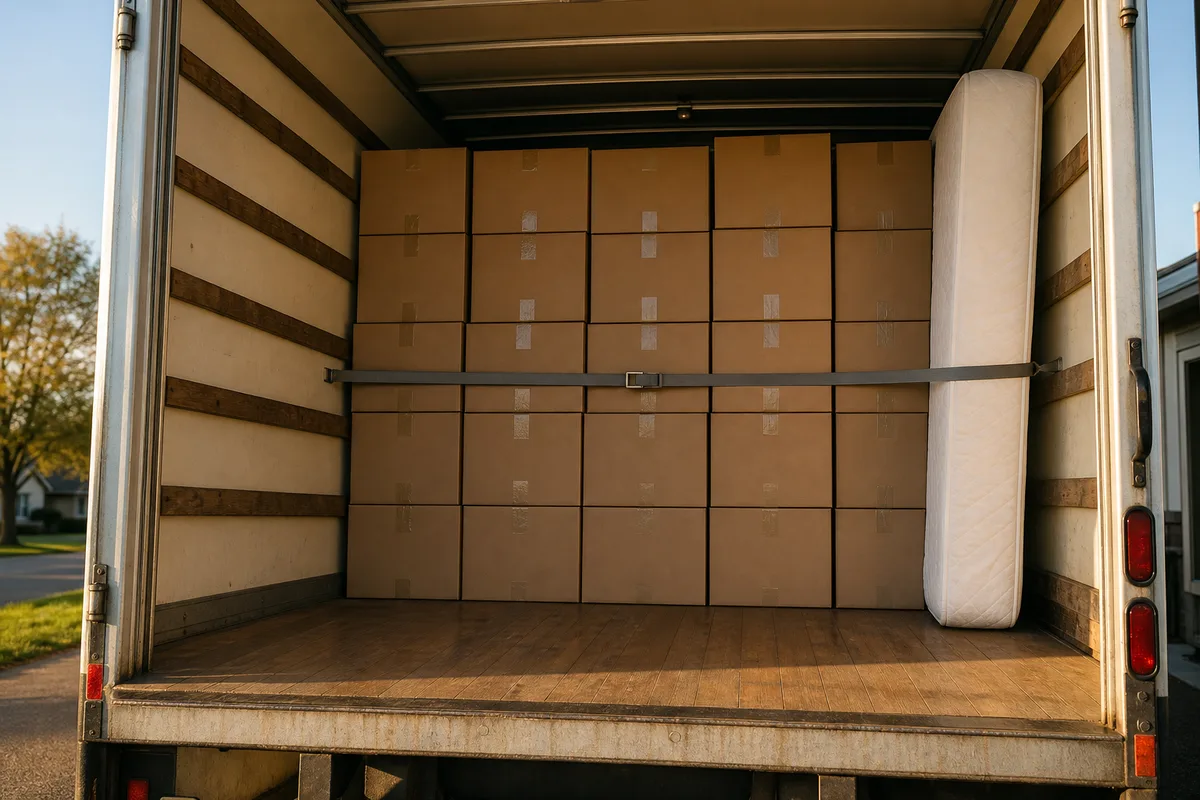 Colonnes de cartons de déménagement étiquetés et sanglés dans la caisse d’un utilitaire, matelas dressé contre la paroi