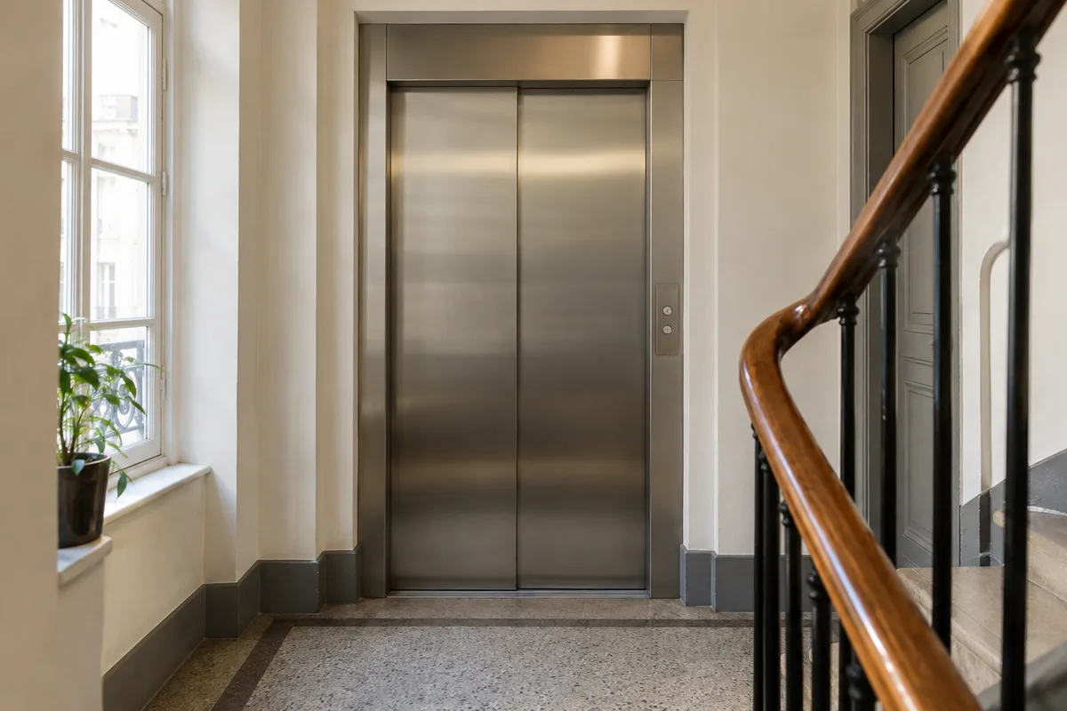 Porte d&rsquo;ascenseur fermée sur un palier d&rsquo;immeuble entretenu