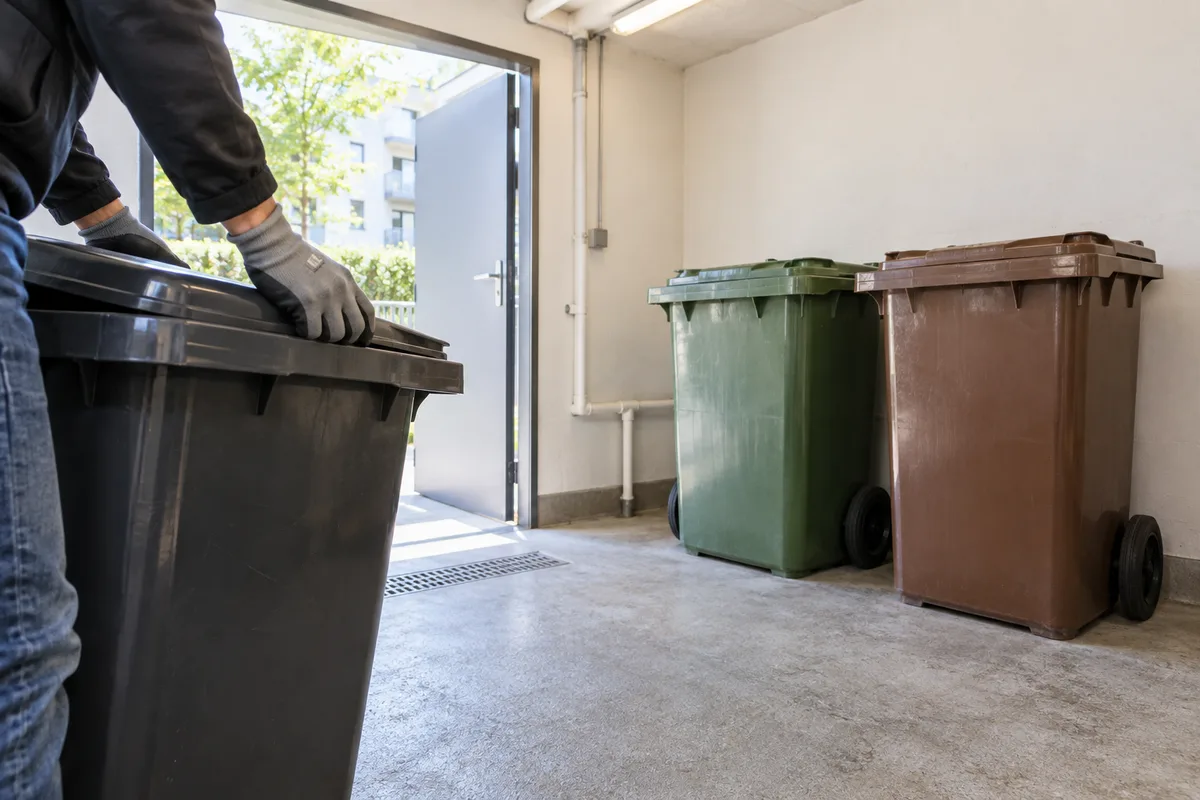 Local à conteneurs d&rsquo;immeuble avec bacs roulants alignés