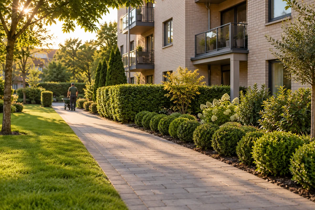 Allée et pelouse entretenues au pied d&rsquo;un immeuble résidentiel