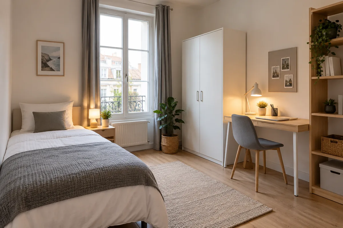 Chambre de colocataire meublée avec lit, bureau et armoire en bois clair