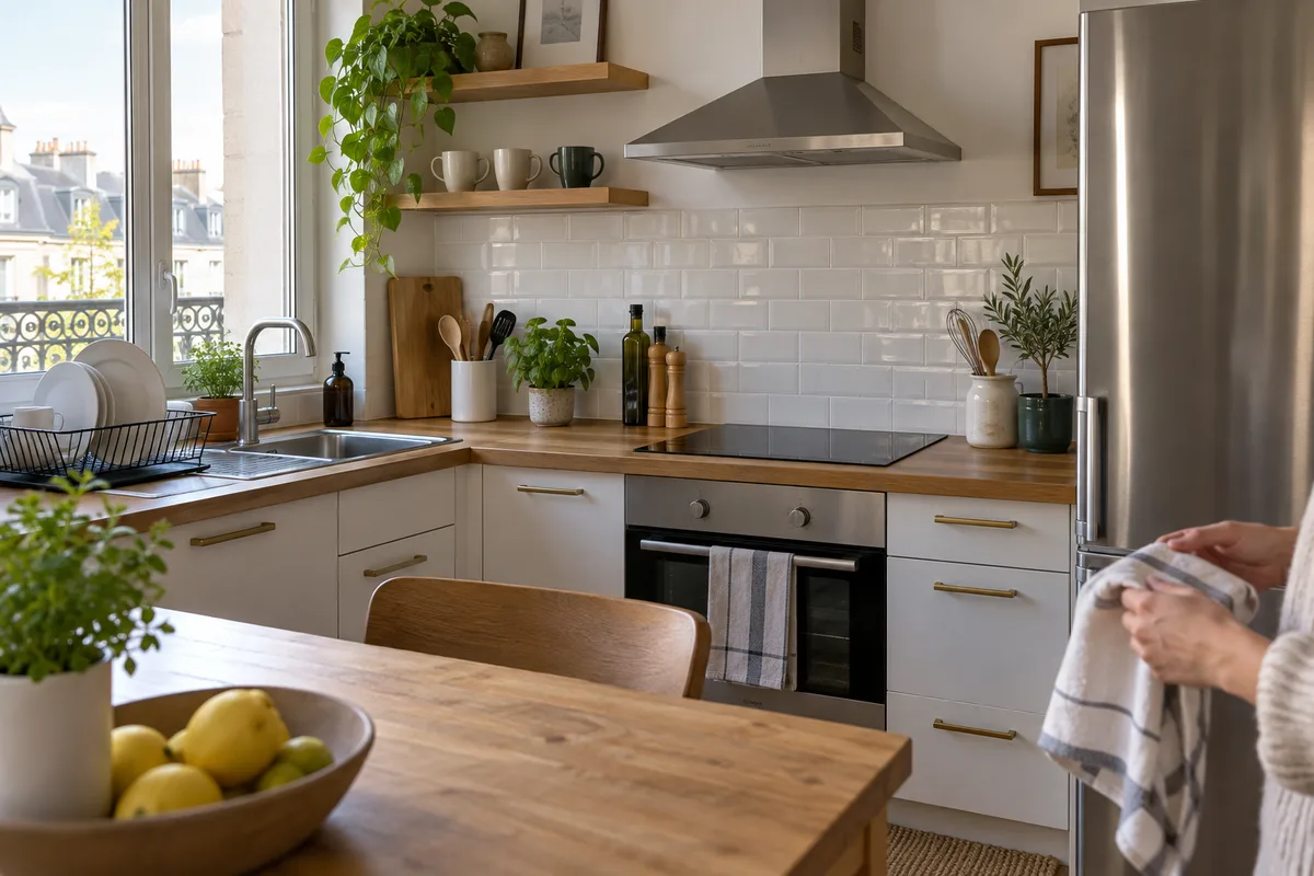 Cuisine commune d&rsquo;un grand appartement en colocation avec plan de travail dégagé