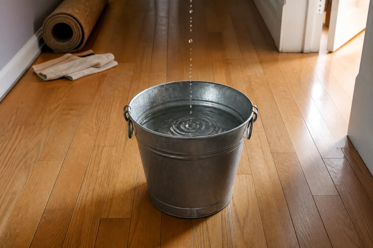 Seau métallique posé sur un parquet recueillant les gouttes tombant d’un plafond humide