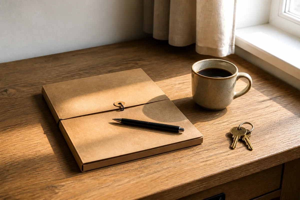 Chemise cartonnée et stylo posés sur une table en bois près d’une fenêtre lumineuse