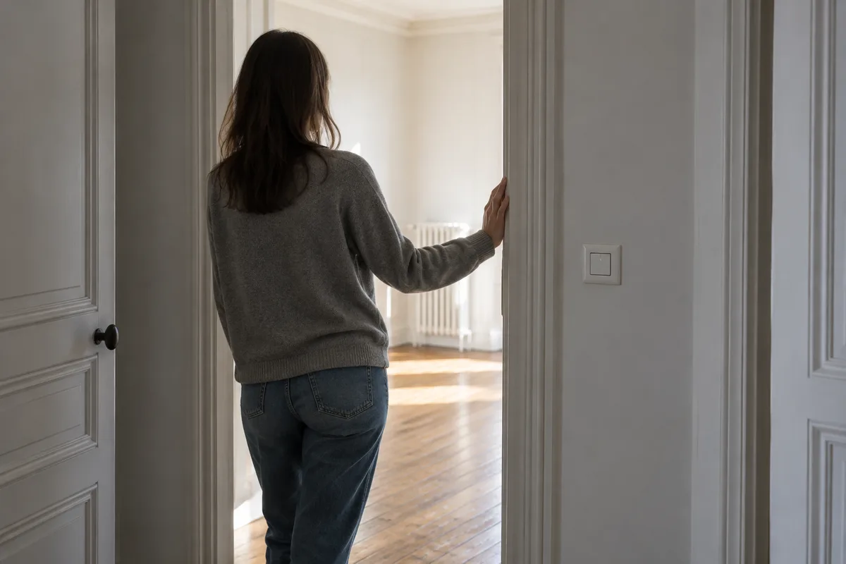 Personne de dos dans un couloir clair, main posée sur l&rsquo;encadrement d&rsquo;une porte ouverte sur une pièce vide