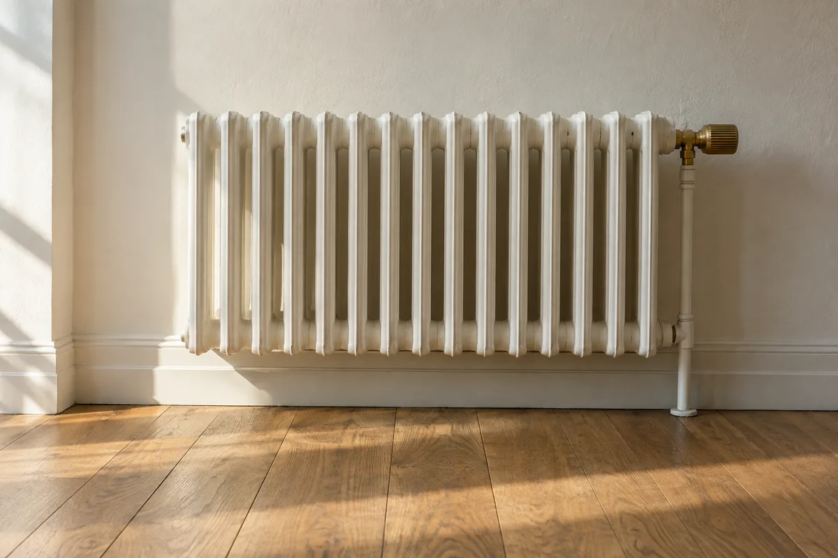 Radiateur blanc et plinthe le long d&rsquo;un mur clair dans une pièce vide, sol en parquet, lumière du jour