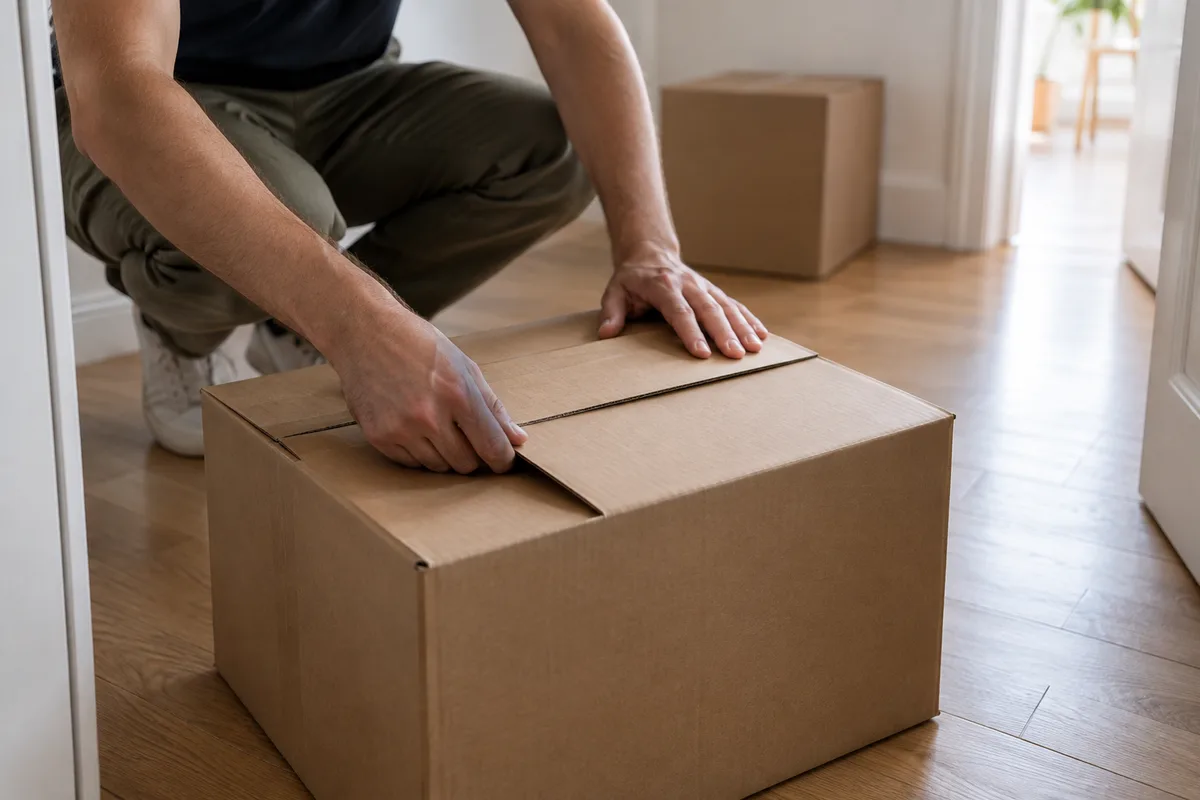 Deux mains referment le rabat d&rsquo;un carton de déménagement dans un couloir clair, silhouette de dos