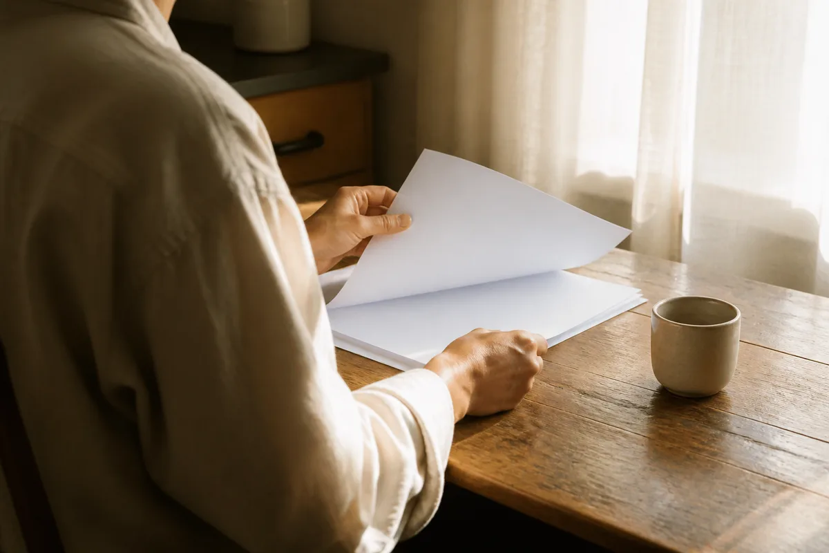 Bailleur consultant une liasse de documents administratifs sur une table de cuisine en bois