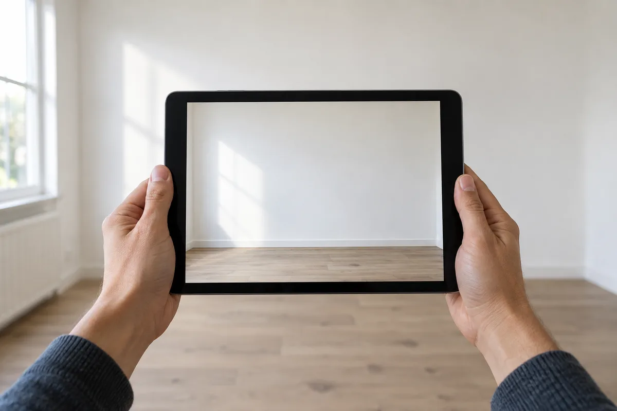 Mains tenant une tablette qui photographie un mur blanc dans une pièce vide et lumineuse