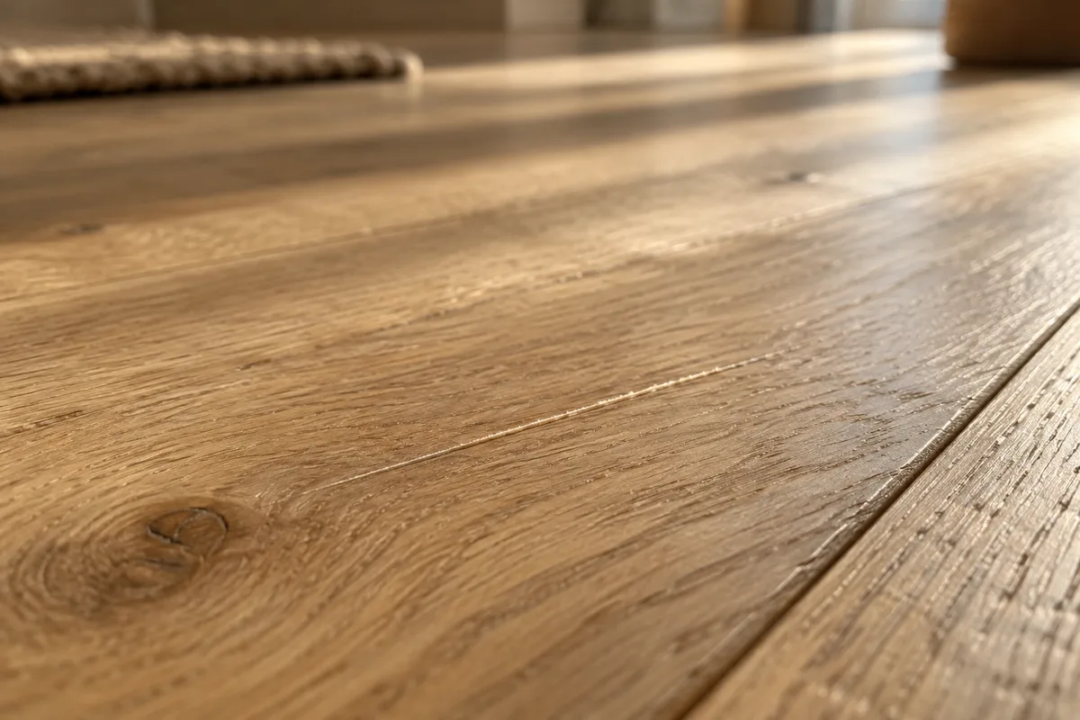 Gros plan sur une rayure fine dans un parquet de chêne clair éclairé par la lumière d’une fenêtre