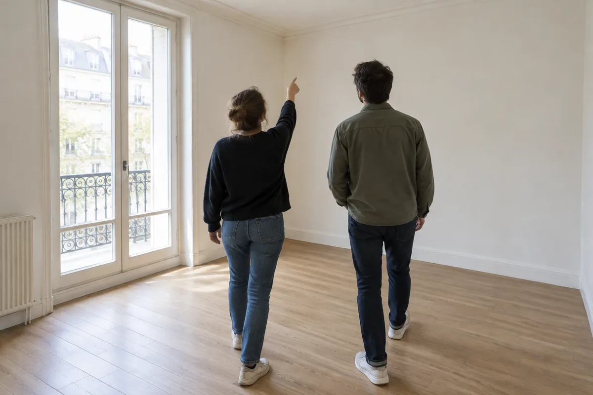 Deux personnes vues de dos parcourant une pièce vide aux murs clairs, baignée de lumière naturelle