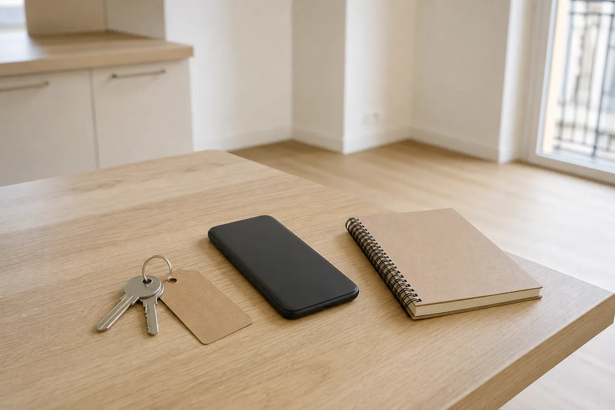 Trousseau de clés et téléphone mobile posés sur un plan de travail d’appartement en location