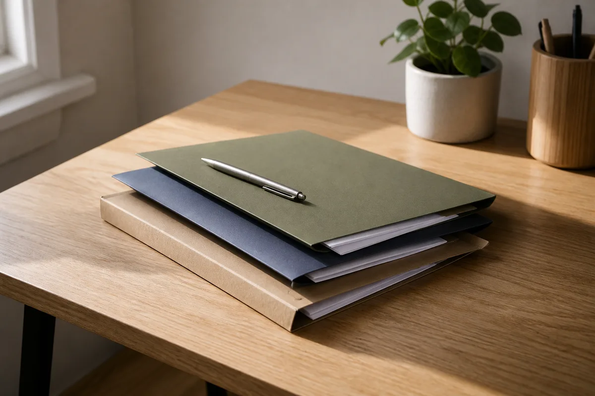 Dossiers de gestion locative et courriers classés dans des pochettes sur un bureau en bois