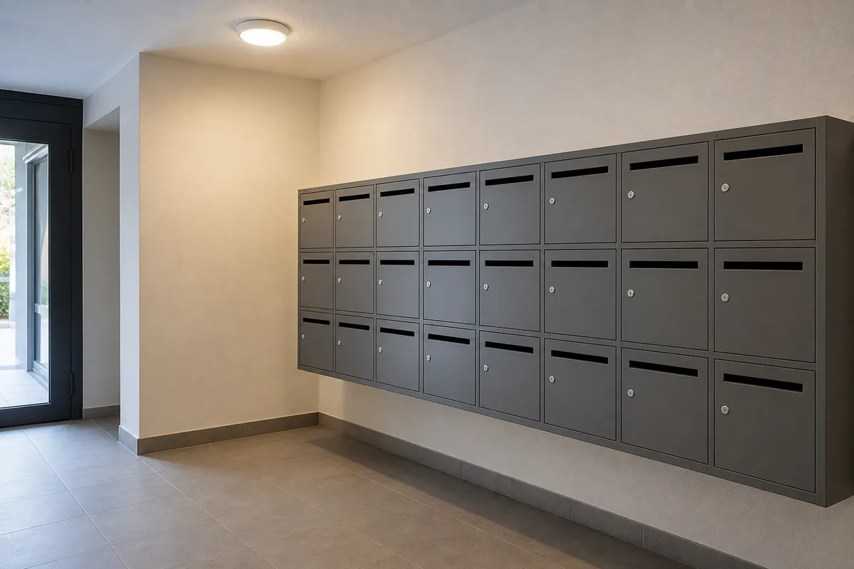 Panneau de boîtes aux lettres dans le hall d’un immeuble résidentiel français