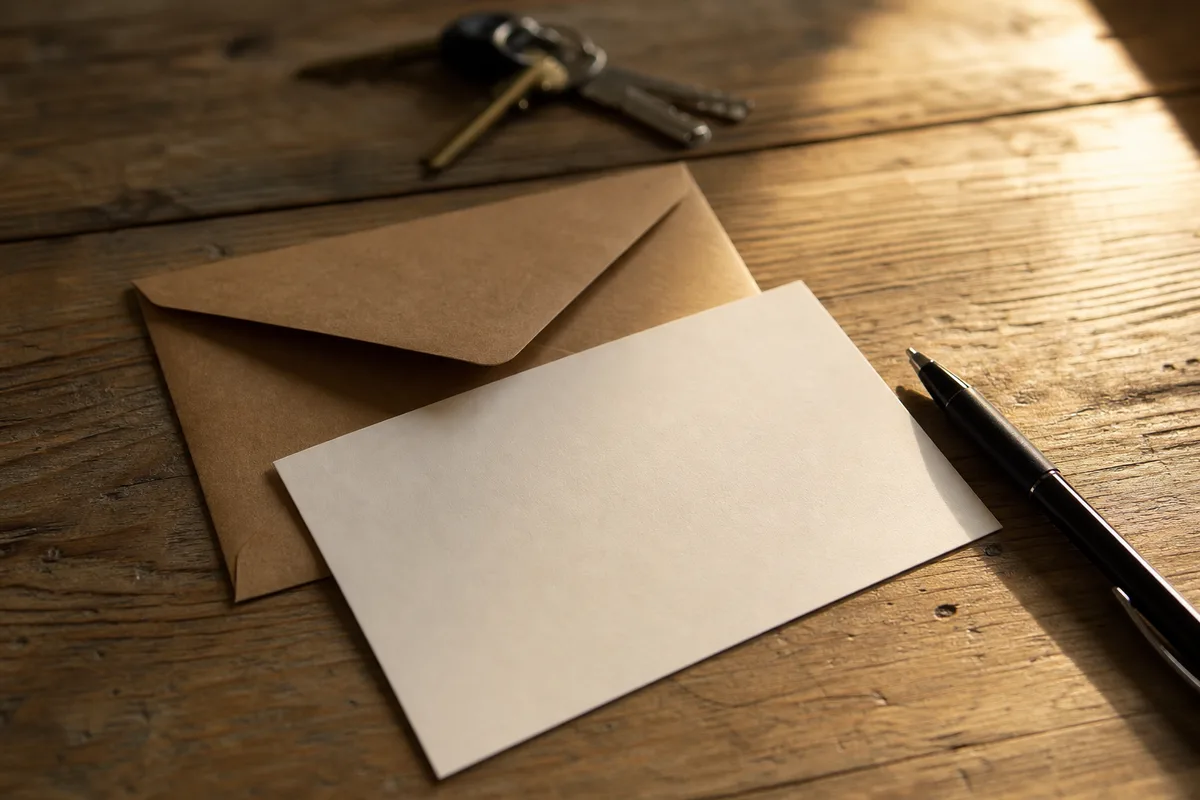Enveloppe de courrier recommandé et avis de réception posés sur une table en bois