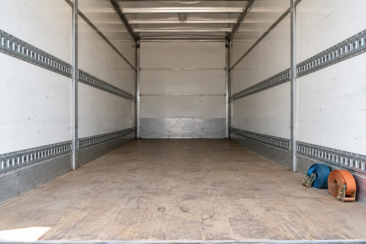 Intérieur vide d&rsquo;une caisse de camion de déménagement avec plancher bois clair et sangles enroulées sur le côté