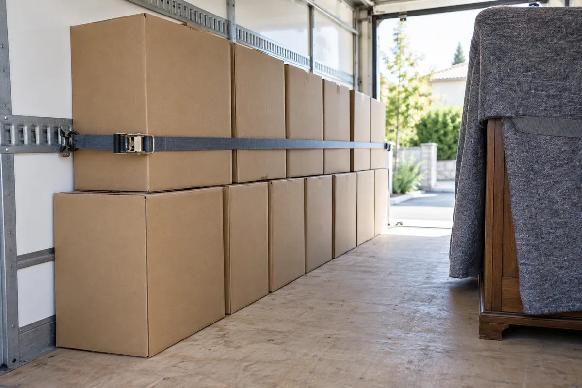 Cartons empilés et sanglés contre la paroi d&rsquo;un camion de déménagement, couverture de protection posée sur un meuble