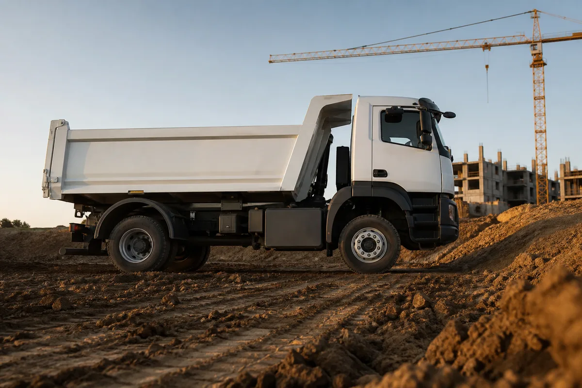 Camion benne poids lourd deux essieux stationné à l’entrée d’un chantier de terrassement