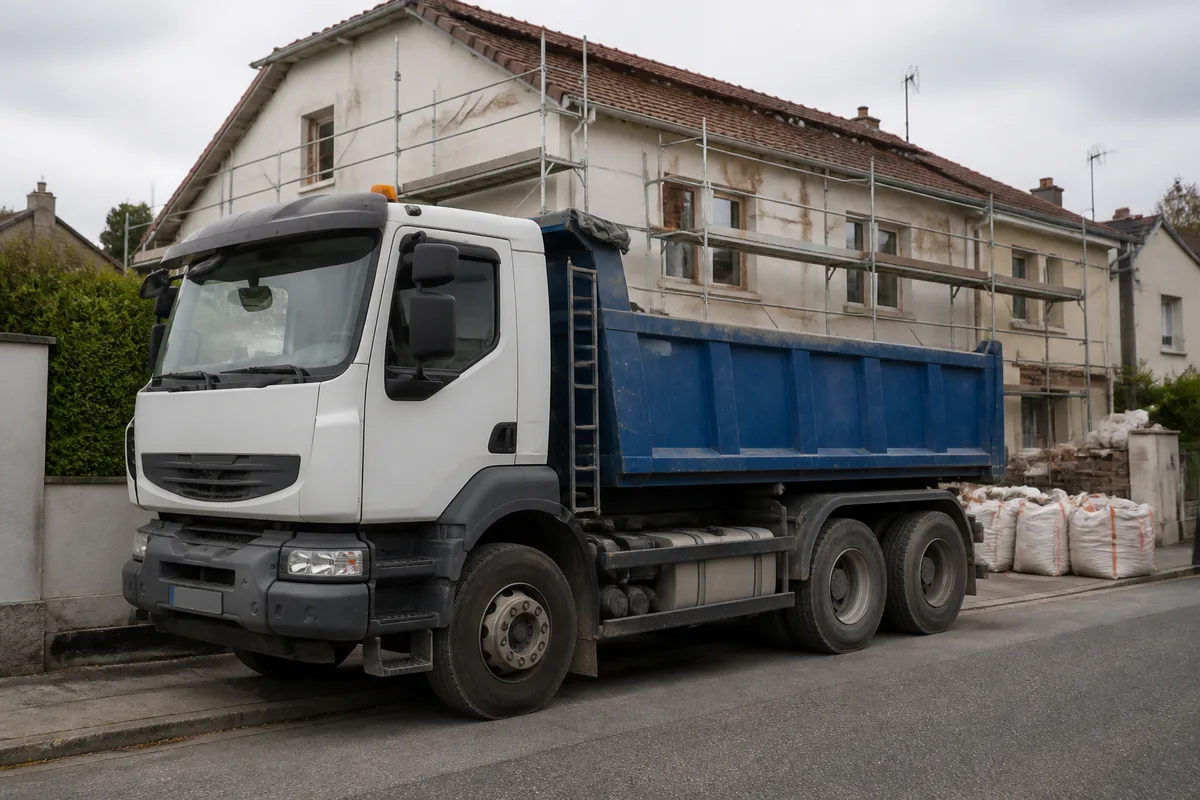 Camion benne basculante 3,5 tonnes stationné devant un chantier de rénovation