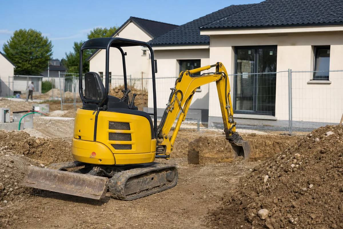 Mini-pelle jaune stationnée sur un chantier de terrassement de maison individuelle