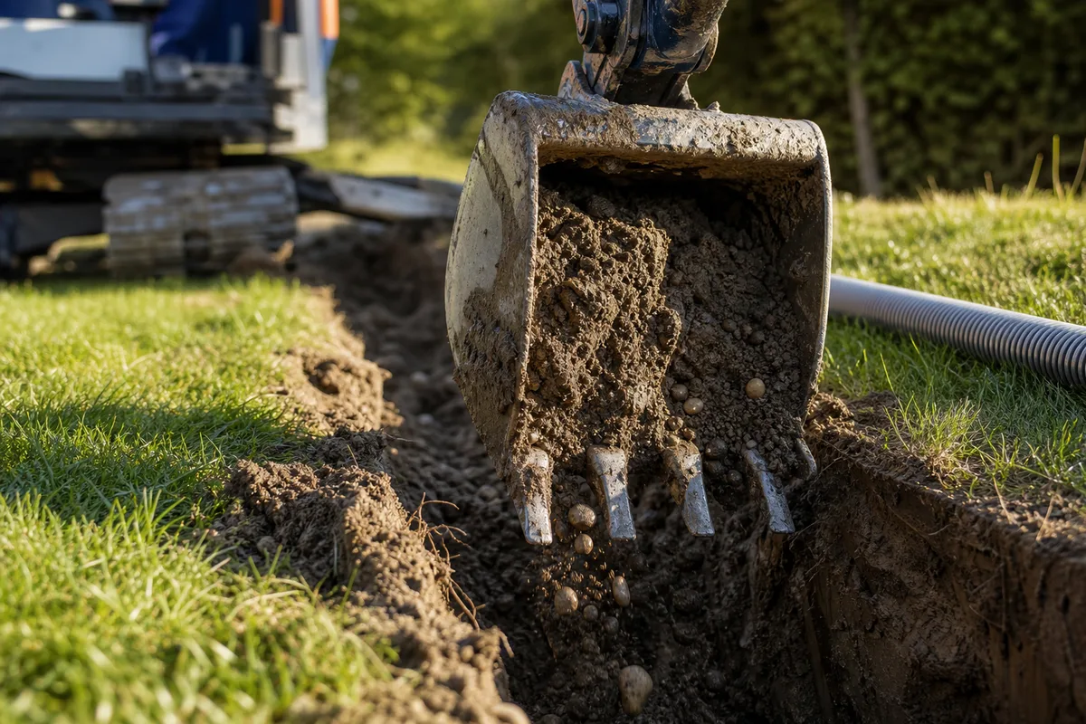 Godet de mini-pelle en train de creuser une tranchée de drainage dans un jardin