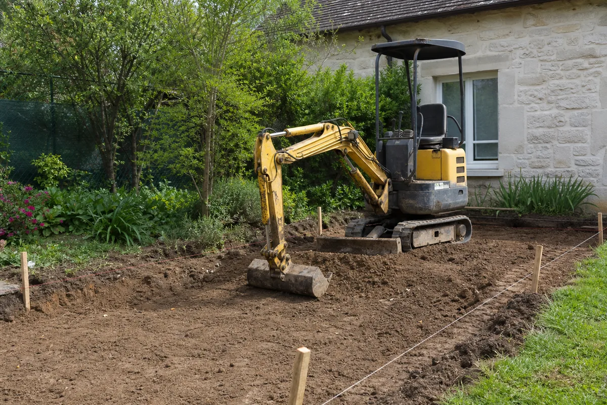 Mini-pelle décaissant l’assise d’une terrasse dans un jardin résidentiel