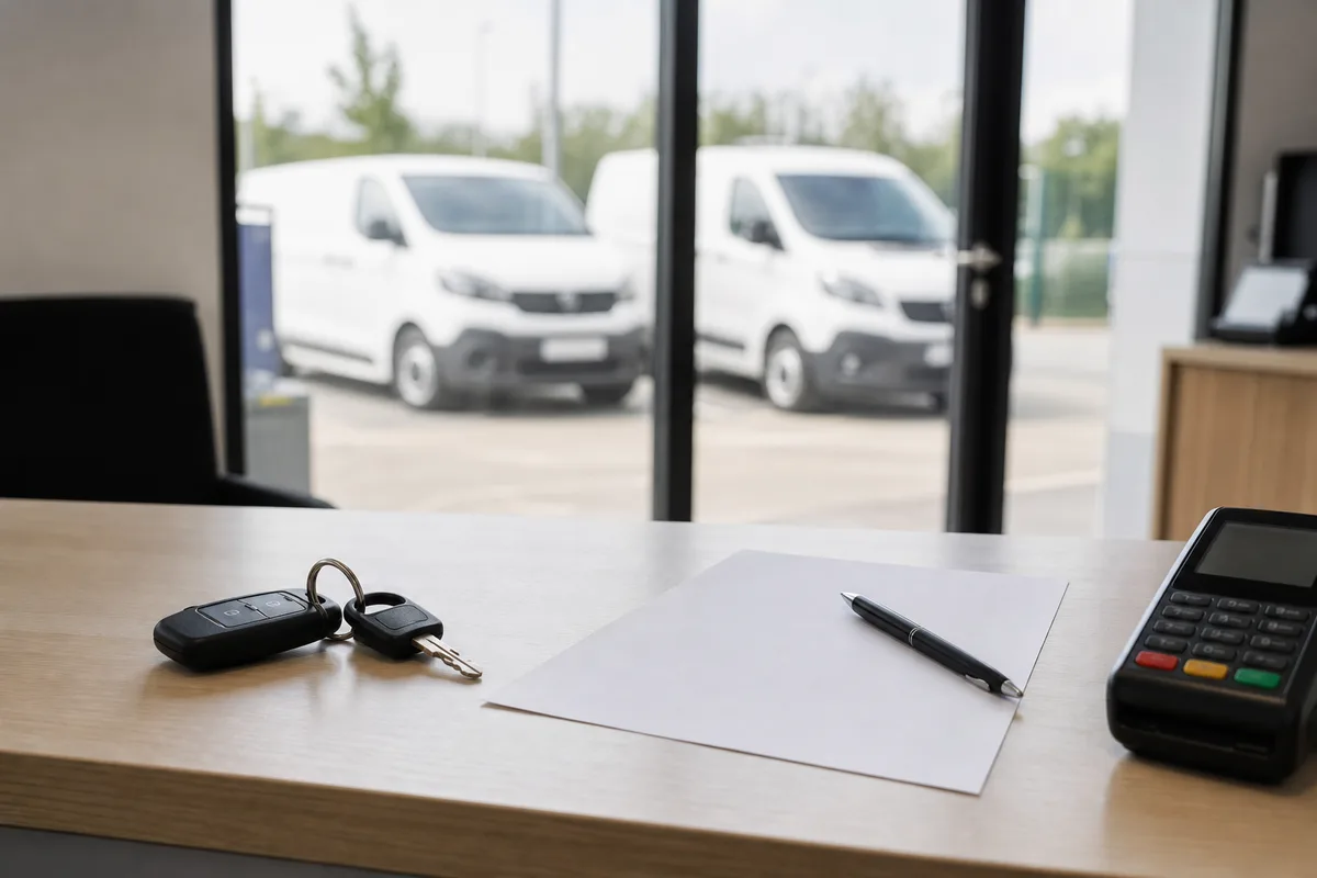 Comptoir d&rsquo;agence de location de véhicules utilitaires, clés et contrat posés sur le plan de travail, fourgons visibles derrière la baie vitrée