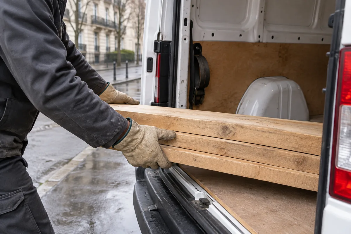 Mains d&rsquo;un artisan chargeant des planches de bois dans un fourgon utilitaire blanc garé devant un immeuble