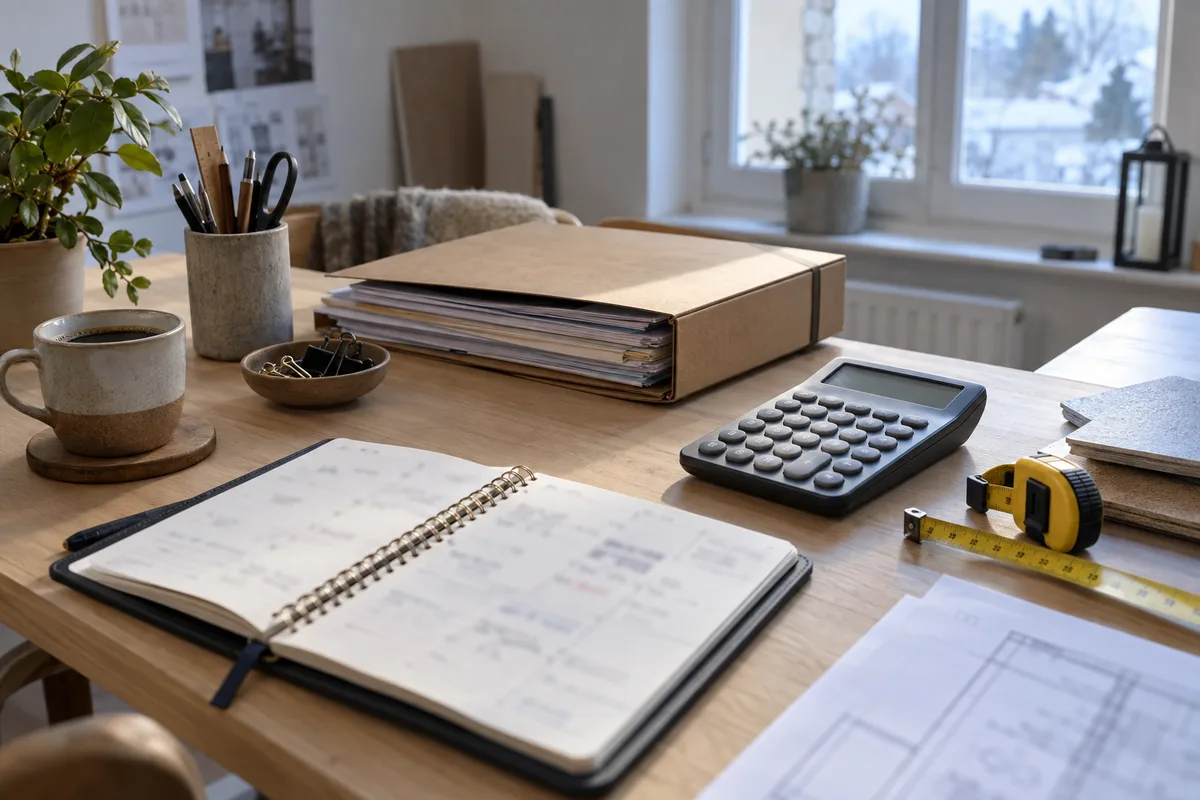 Bureau d&rsquo;artisan avec agenda ouvert, calculatrice et dossier de pièces administratives empilées près d&rsquo;une fenêtre