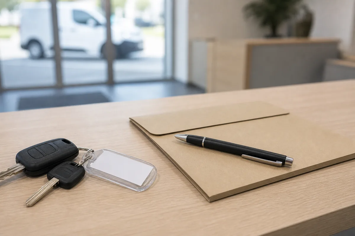 Comptoir d’une agence de location de véhicules utilitaires en France, jeu de clés et pochette de contrat posés sur le plan de travail