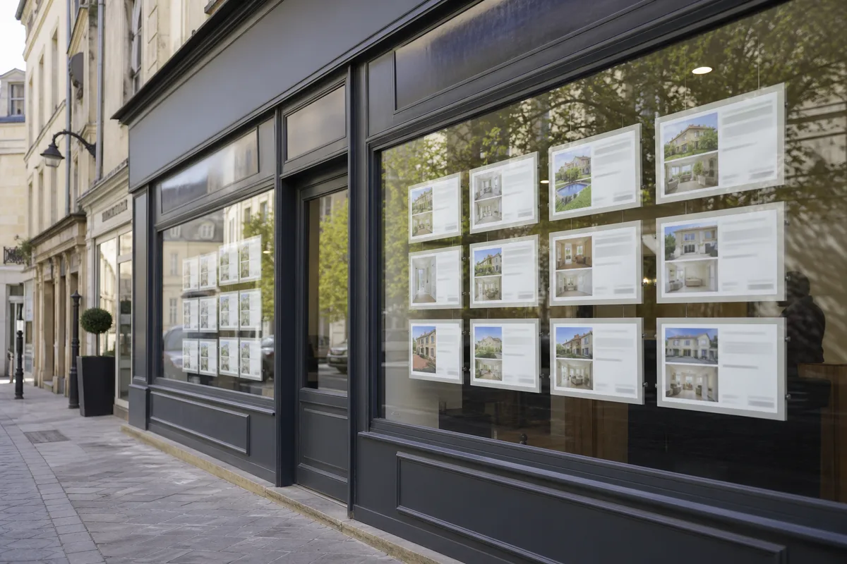 Façade d&rsquo;agence immobilière avec vitrine d&rsquo;annonces de biens à louer et à vendre