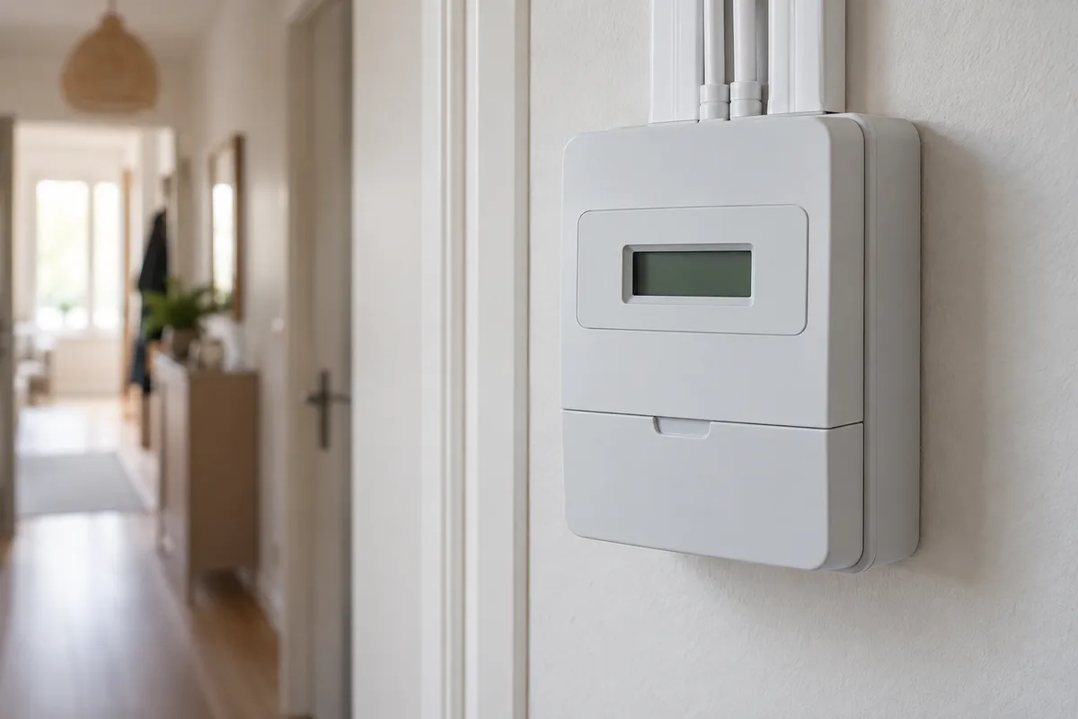 Compteur électrique moderne fixé sur le mur clair d’une entrée de logement loué