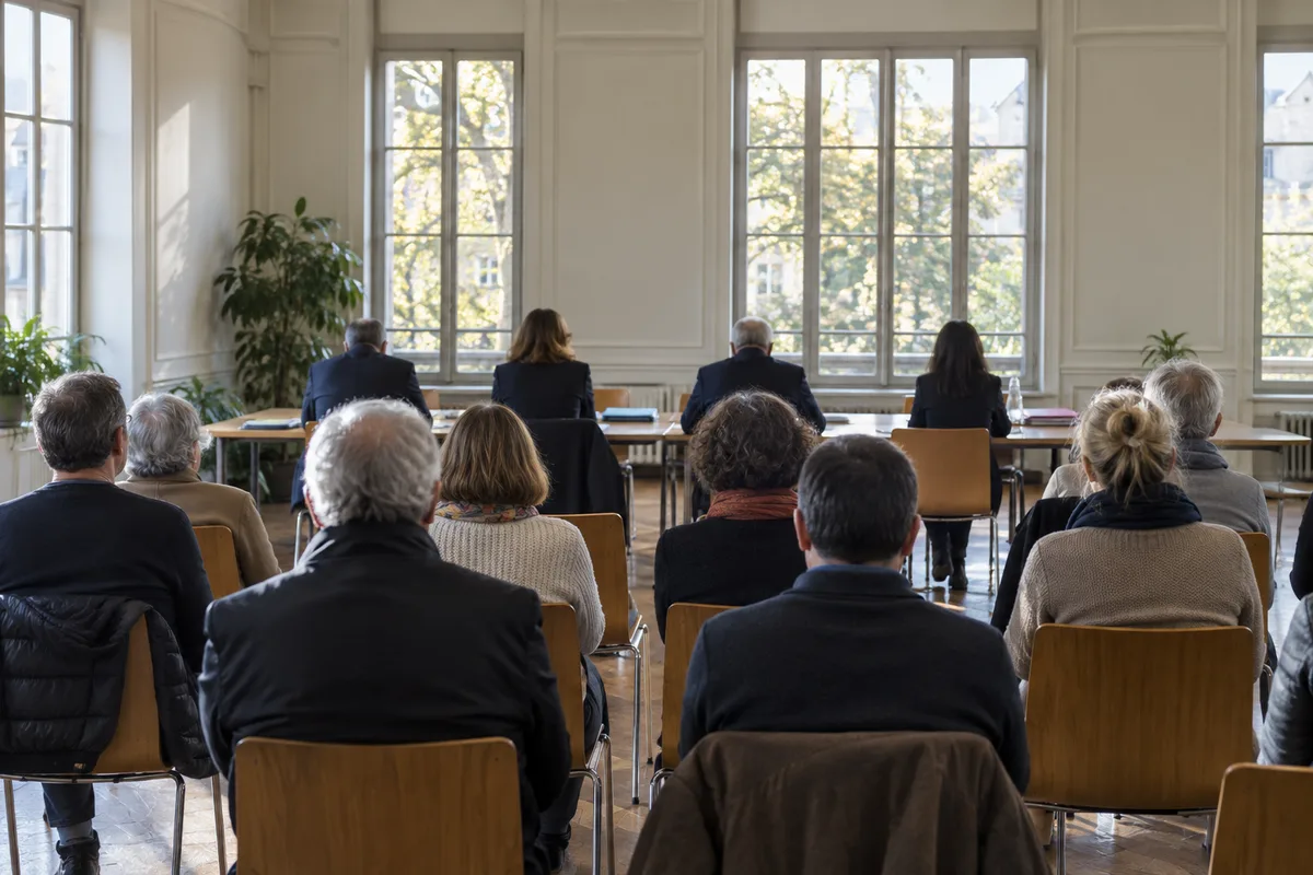 Réunion de copropriétaires vue de dos dans une salle sobre éclairée par de grandes fenêtres