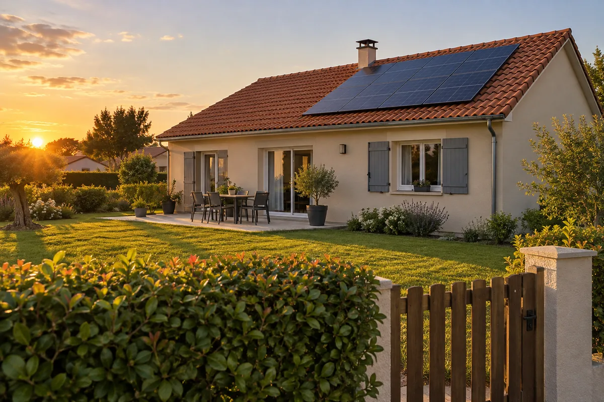 Maison individuelle louée avec panneaux solaires sur le toit et jardin entretenu au premier plan