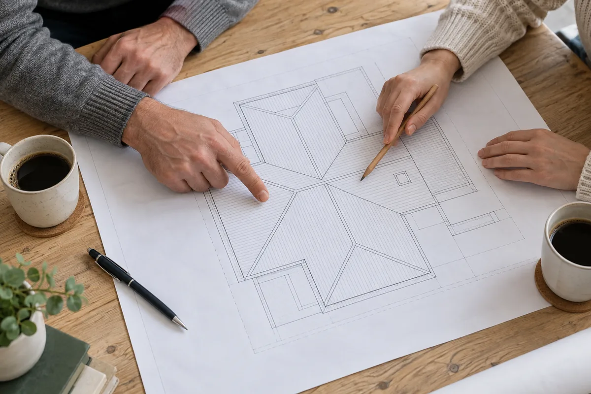 Mains d’un propriétaire et d’un locataire posées sur un plan de maison étalé sur une table en bois