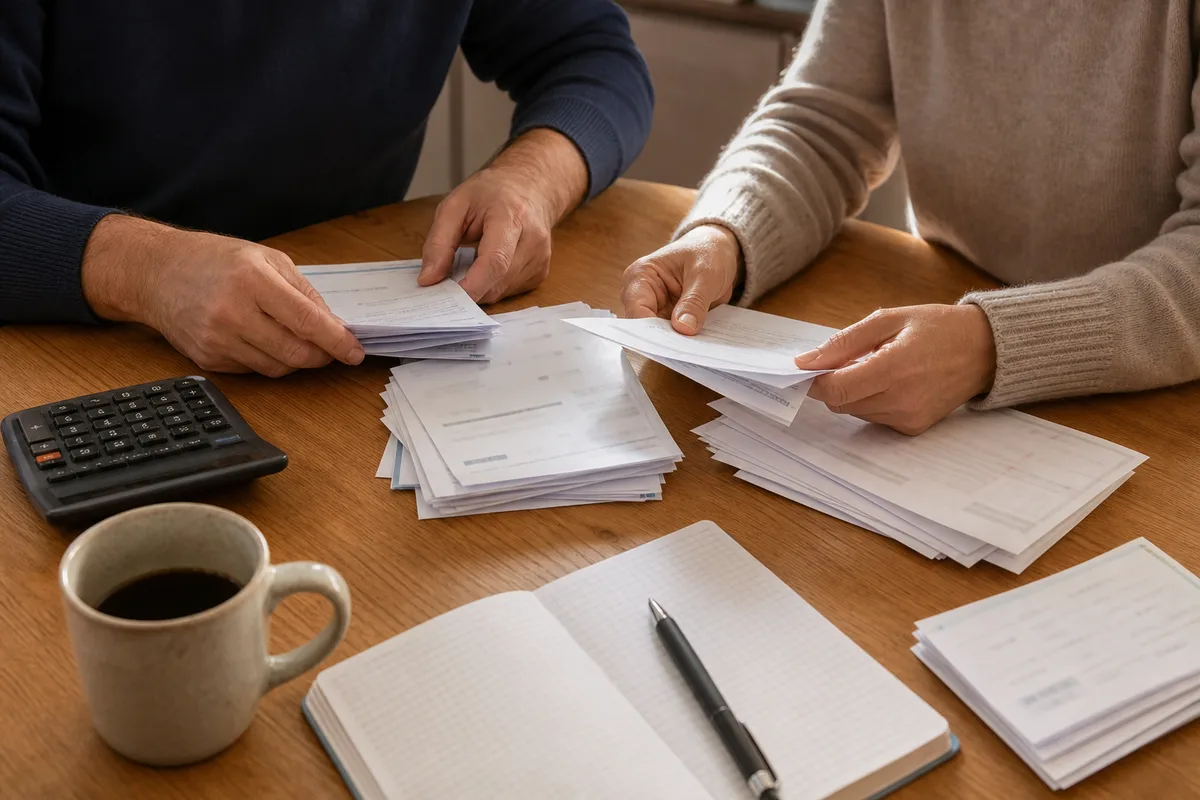 Couple faisant les comptes du foyer avec relevés bancaires et calculatrice