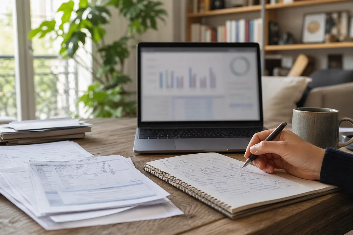 Relevés d’épargne, carnet de comptes et ordinateur portable sur un bureau familial