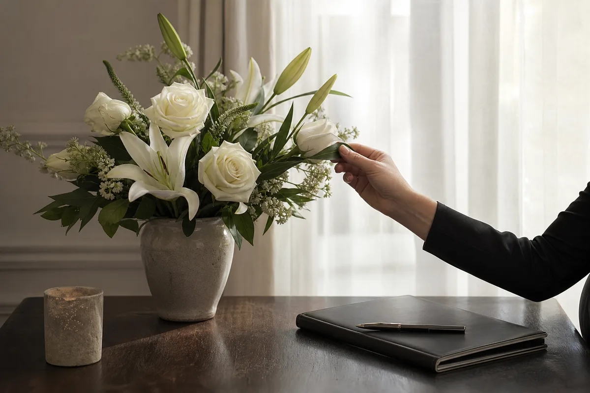 Bouquet de fleurs blanches et documents posés sur une table en bois dans un intérieur sobre