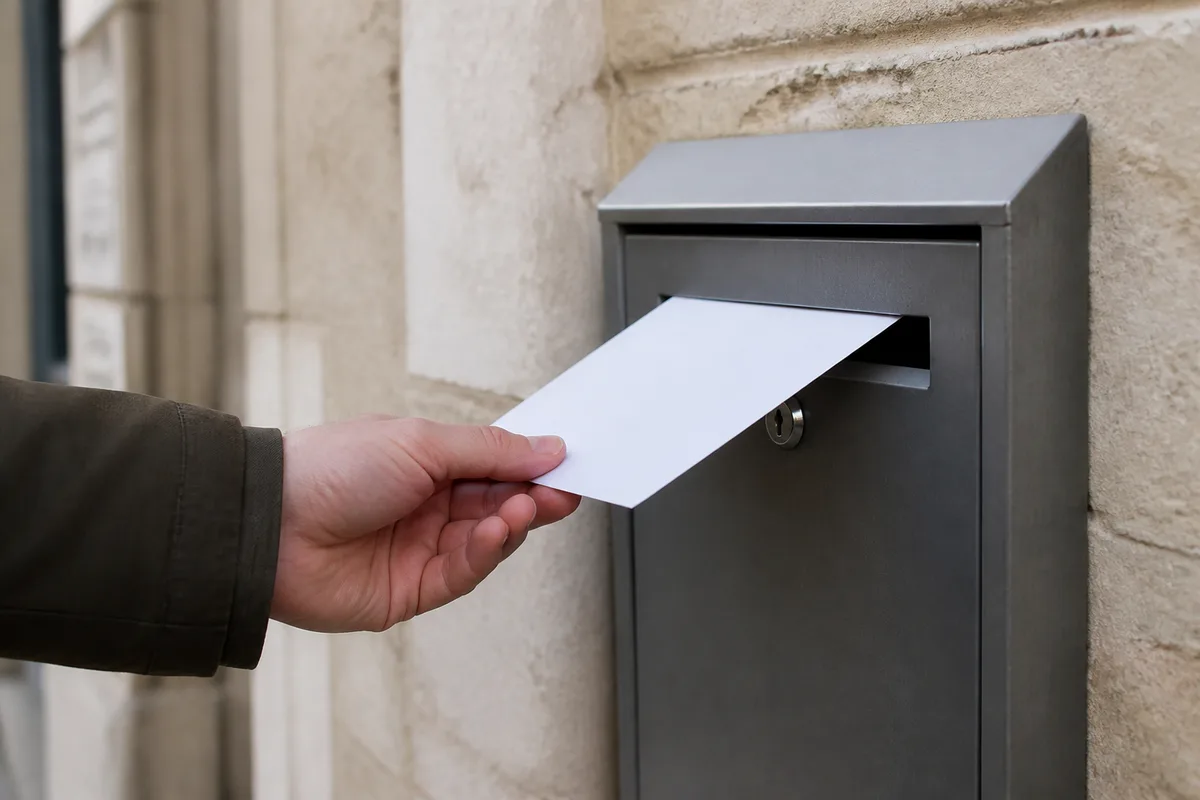 Mains d&rsquo;adulte tenant un stylo au-dessus d&rsquo;une feuille blanche posée sur un bureau clair