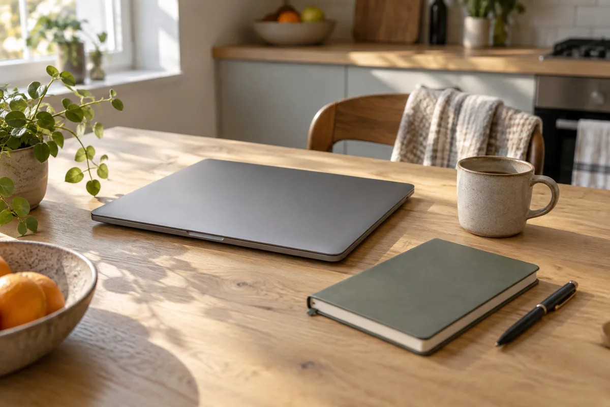 Ordinateur portable fermé et carnet posés sur une table de cuisine claire, prêts pour l&rsquo;envoi d&rsquo;une quittance par e-mail
