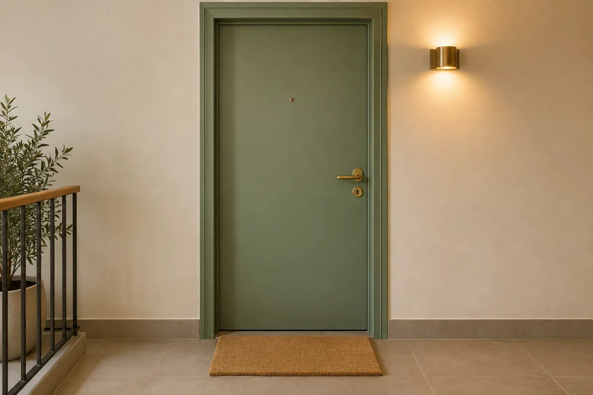 Porte d&rsquo;entrée d&rsquo;un appartement loué vue depuis le palier, avec un paillasson uni