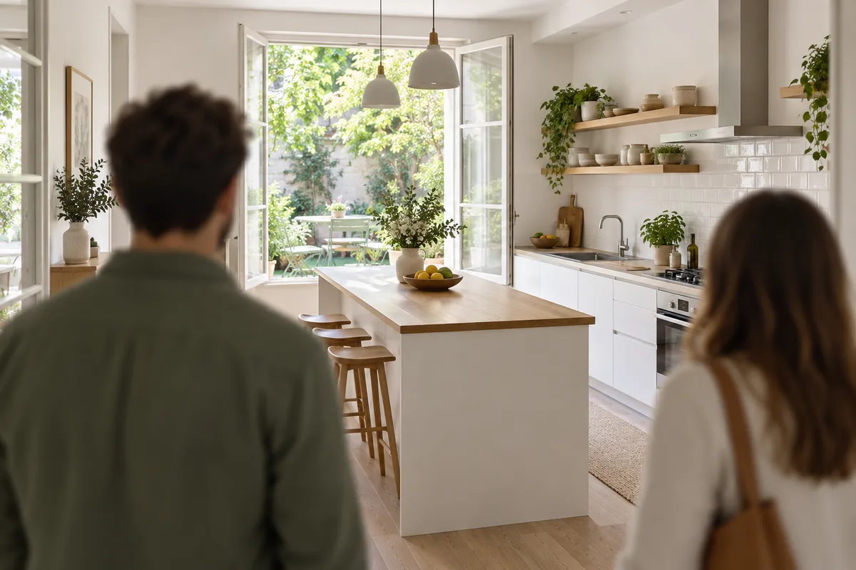 Deux personnes vues de dos qui découvrent une cuisine lumineuse pendant une visite